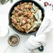 black skillet with low carb thanksgiving stuffing.