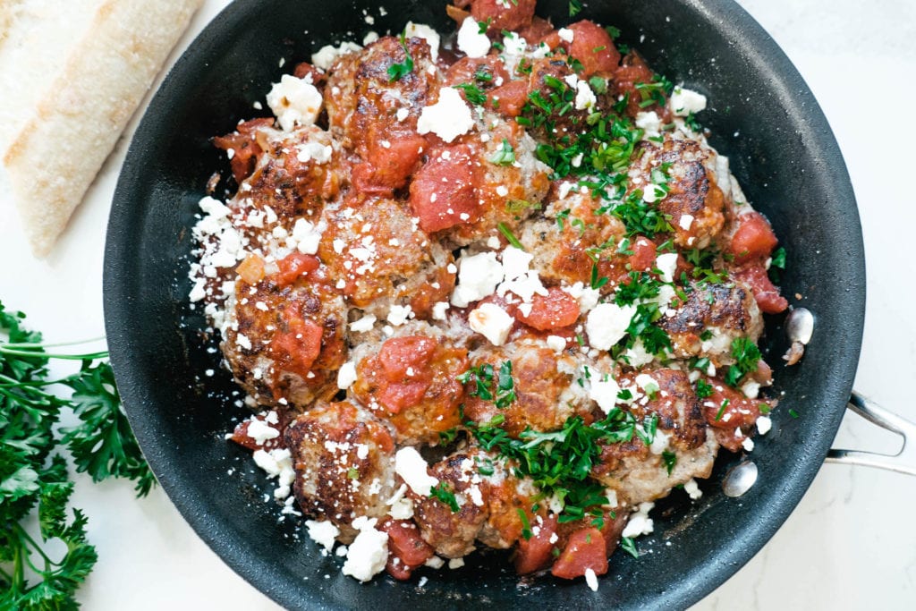 skillet of bruschetta turkey meatballs 