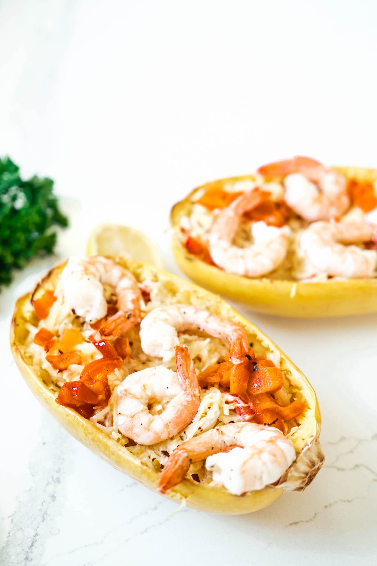 shrimp and cheesy red pepper stuffed spaghetti squash 