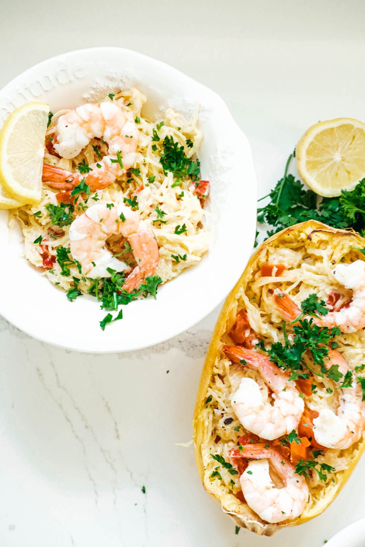 bowl of shrimp and cheesy red pepper stuffed spaghetti squash 