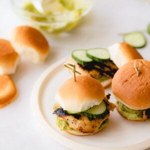 Avocado Ranch Chicken Sliders on a white plate