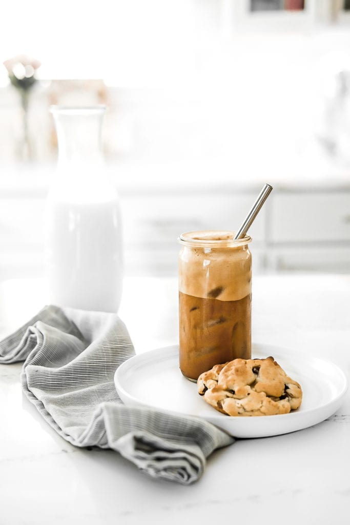 iced coffee and chocolate chip cookie