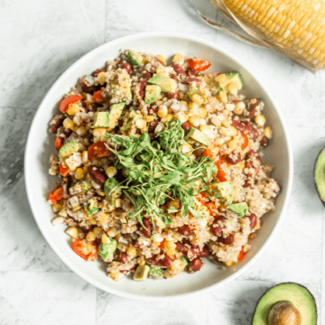 Corn and quinoa salad with micro cilantro garnish