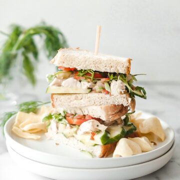 dill cucumber chicken salad on a sandwich