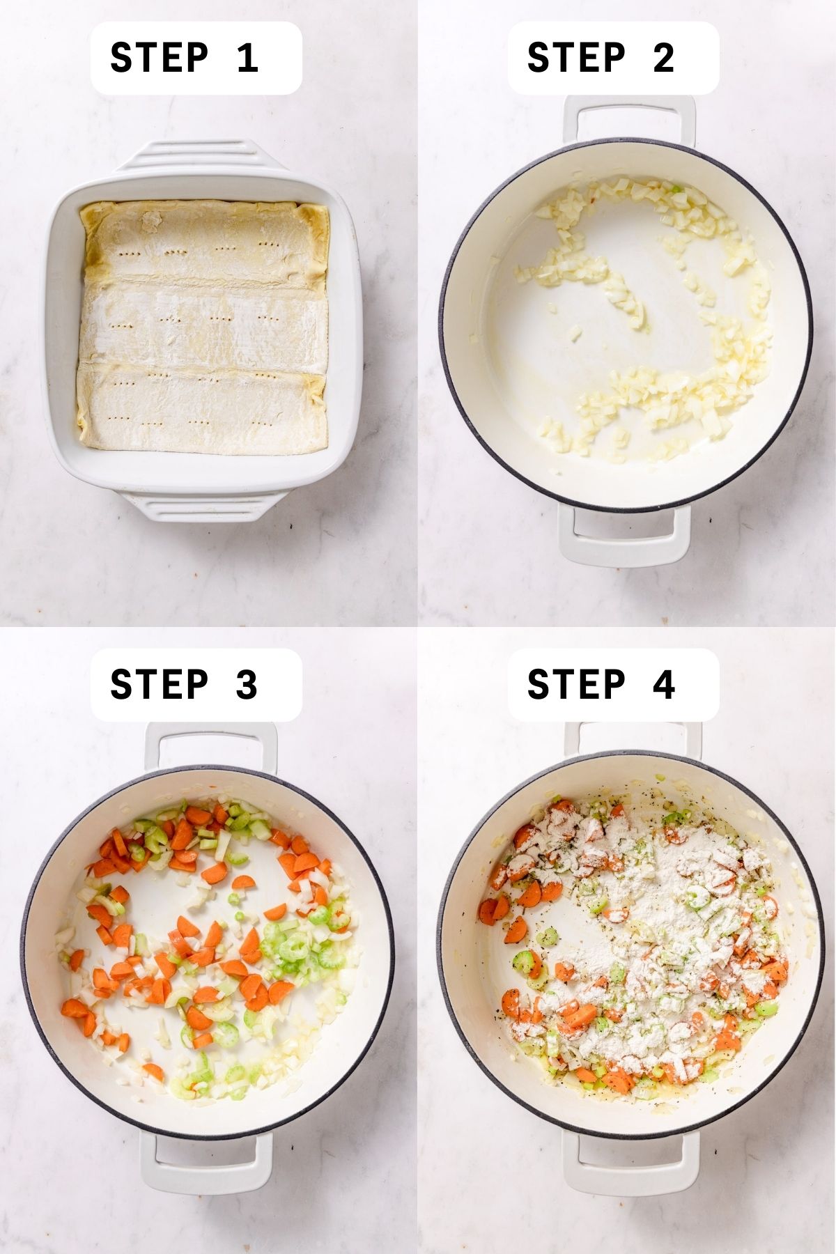 Step by step instructions for making a turkey pot pie. 