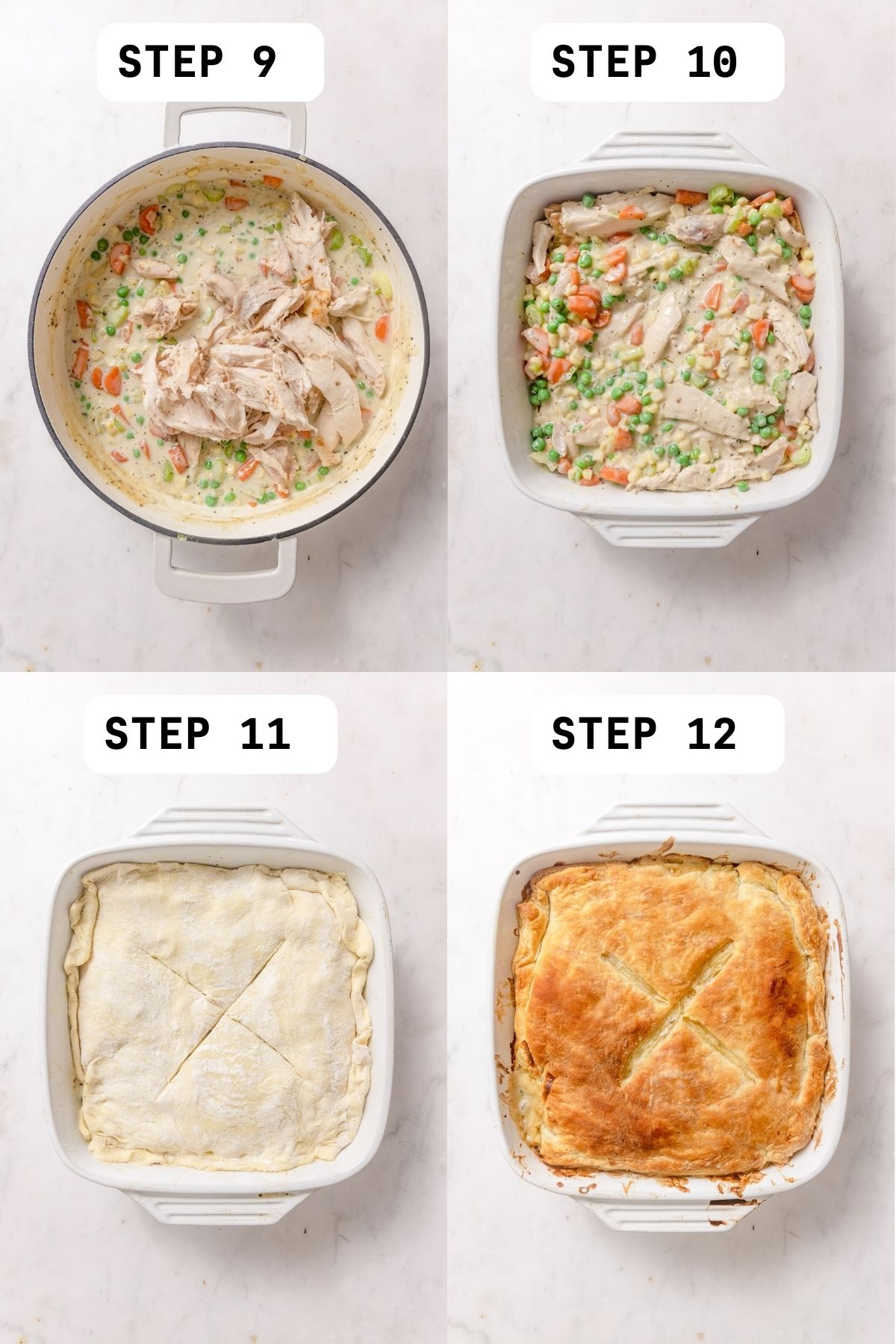 Step by step instructional photos to make a turkey pot pie. 
