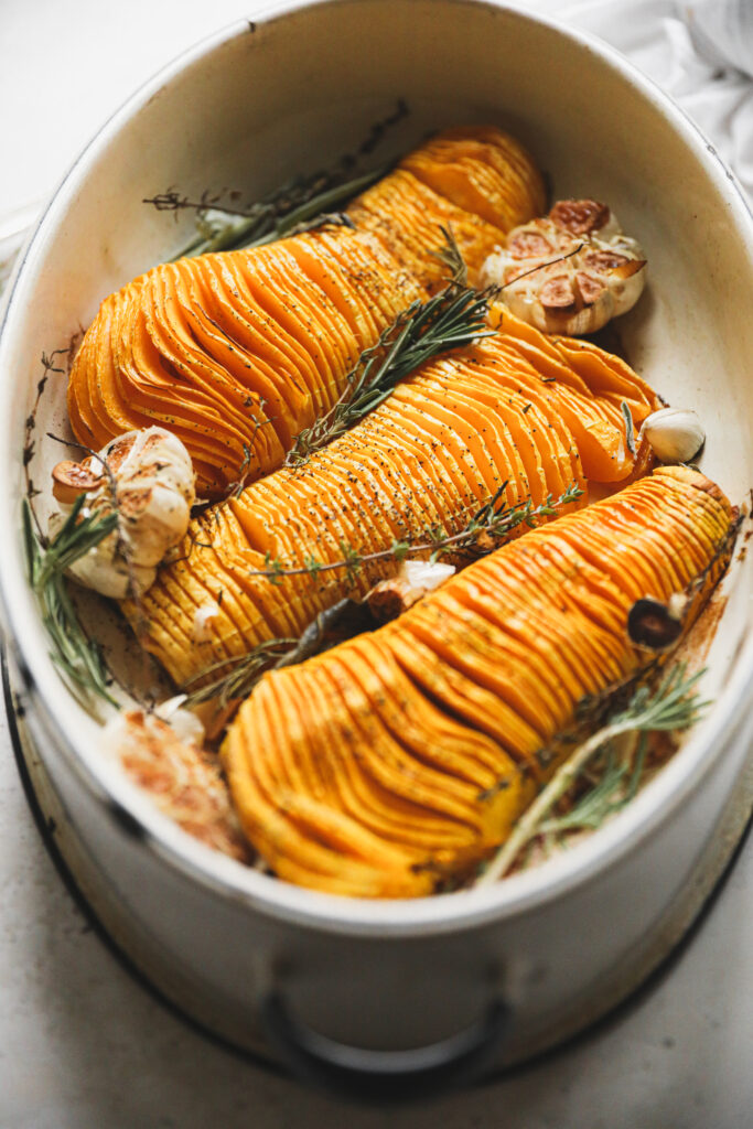 roasted hasselback butternut squash with herbs and garlic