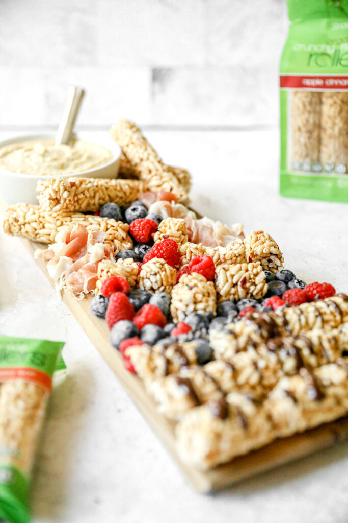 snack board using Crunchy Rollers snacks 