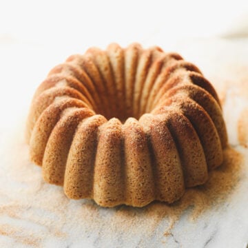 Snickerdoodle Bundt Cake dusted with cinnamon sugar