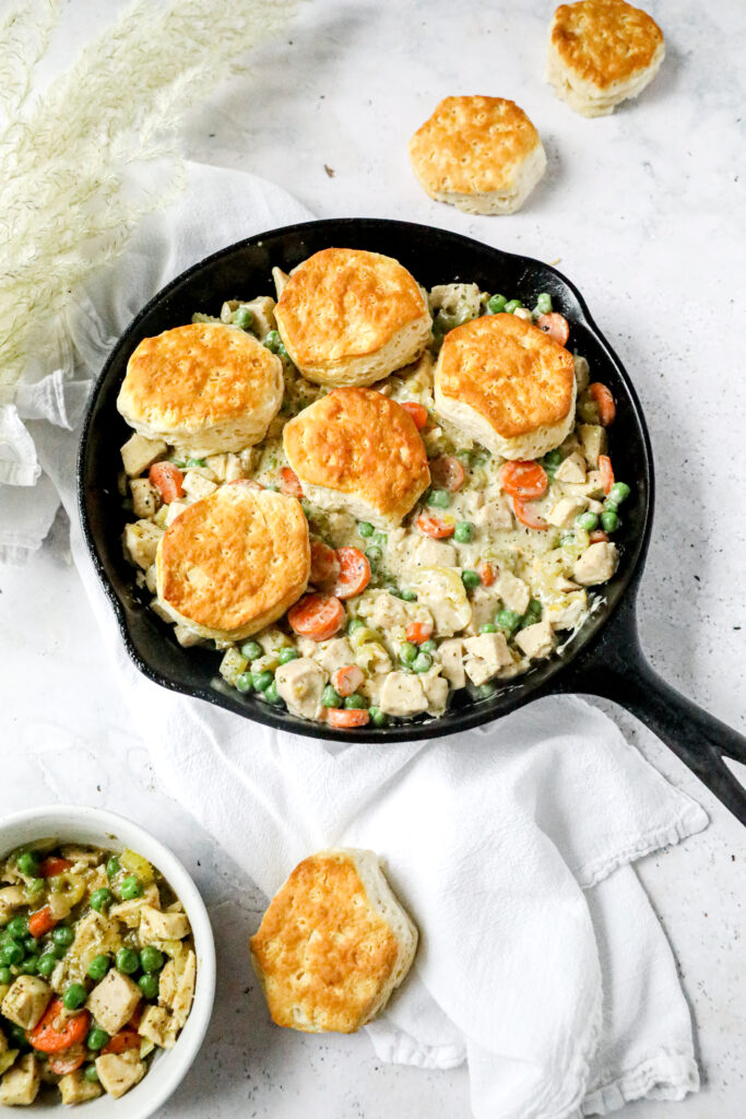 pot pie with biscuits in a skillet