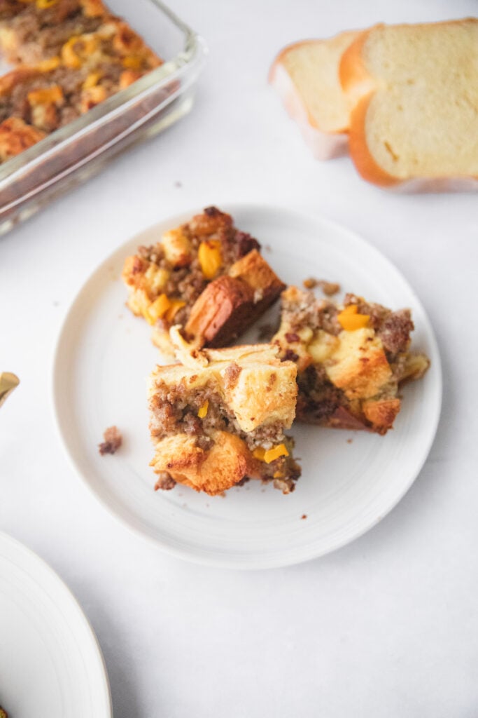 3 pieces of French toast bake on a white plate 