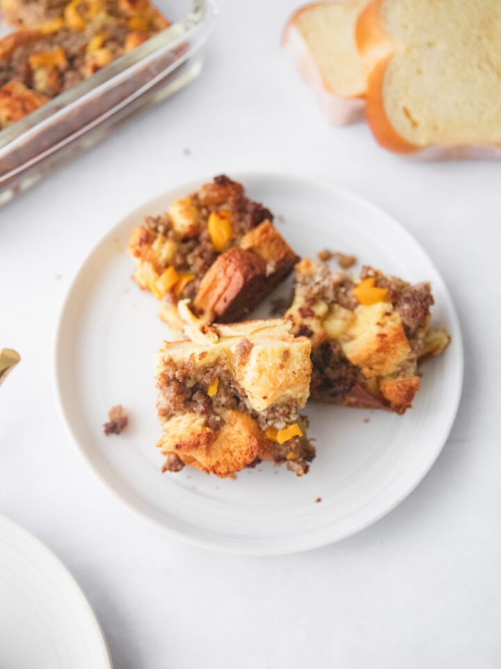 plate of 3 slices of sausage breakfast bake