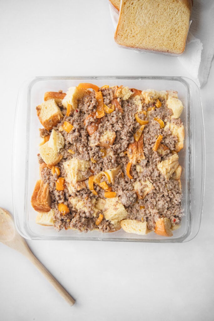 savory french toast bake before going into the oven.