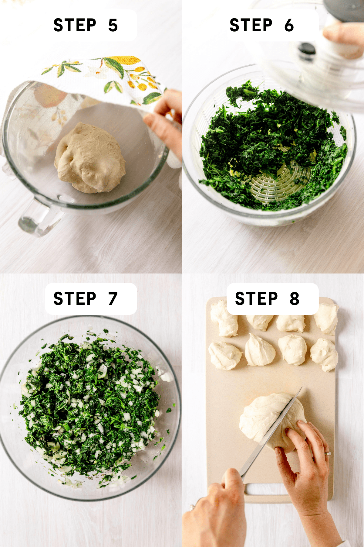 Steps 5-8 of making spinach fatayers.