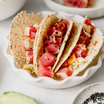 Ahi Tuna taco on a white plate