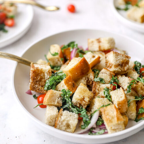 Bowl of garlic kale panzanella salad