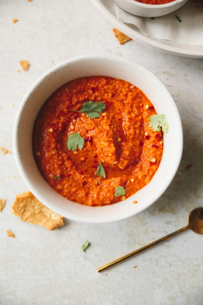 romesco sauce in a white bowl garnished with parsley