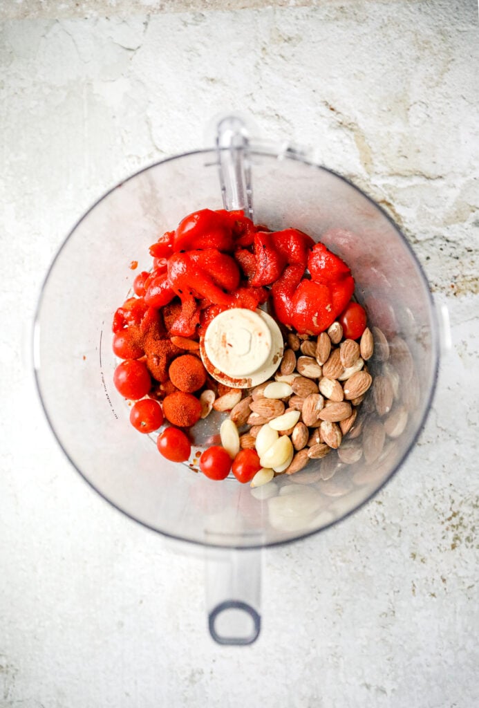 romesco dip ingredients in a food processor