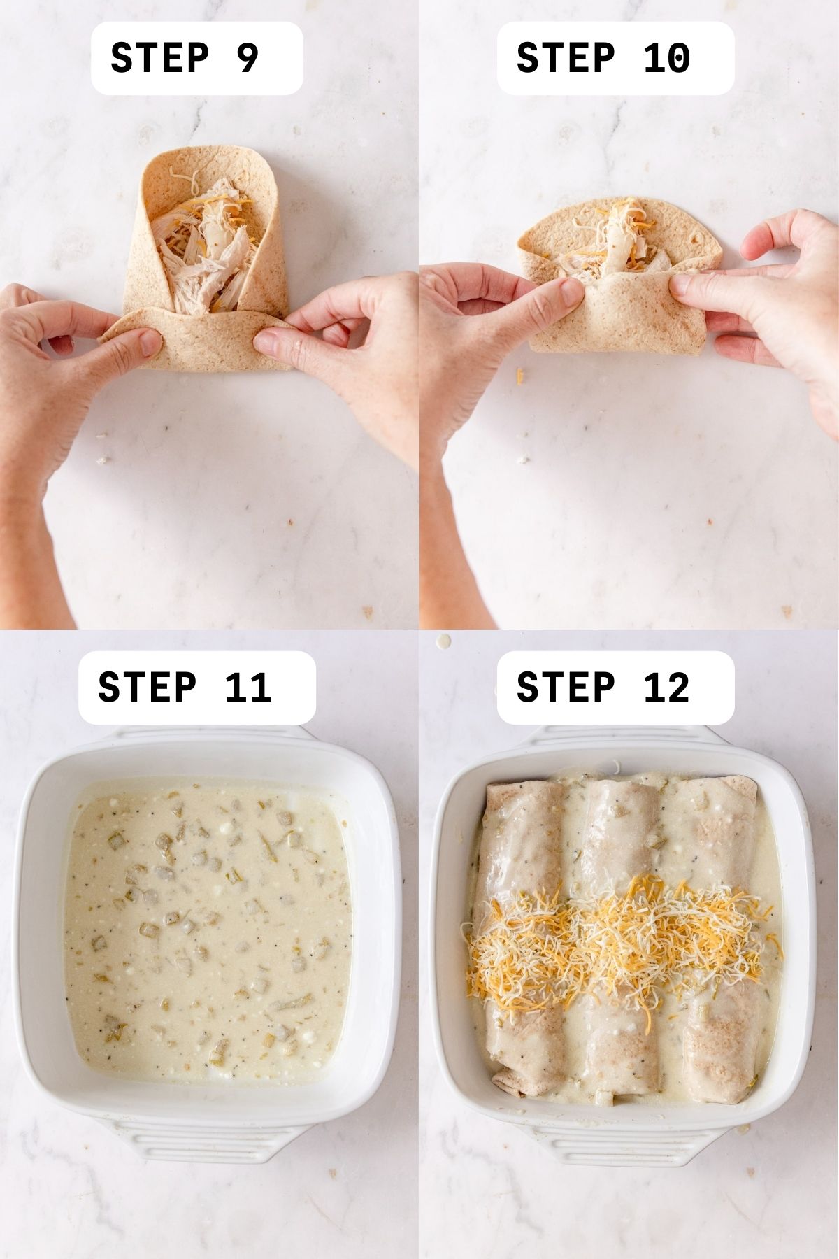 Collage of steps to make creamy enchiladas