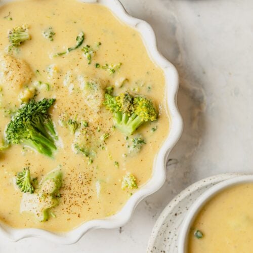 scalloped bowl with broccoli cauliflower soup
