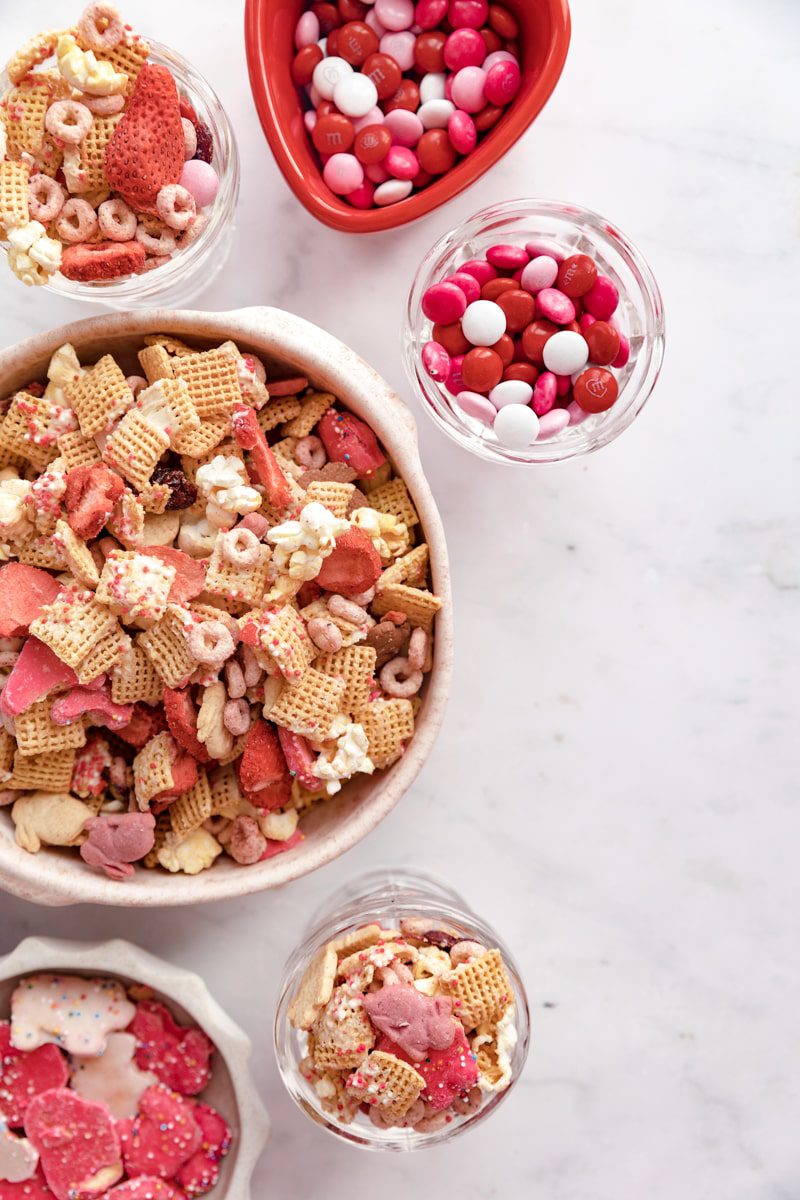 small bowls of sweet and salt party Chex mix