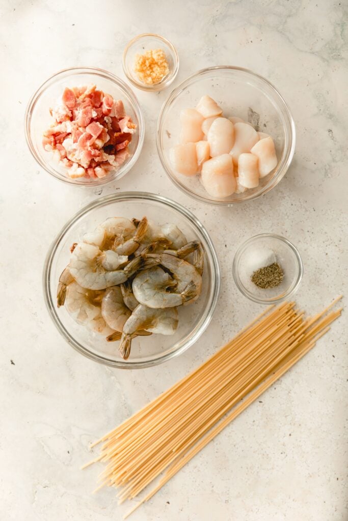 ingredients for shrimp and scallop pasta