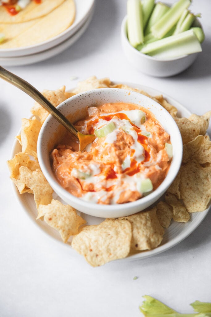 bowl of dip with tortilla chips and a gold spoon