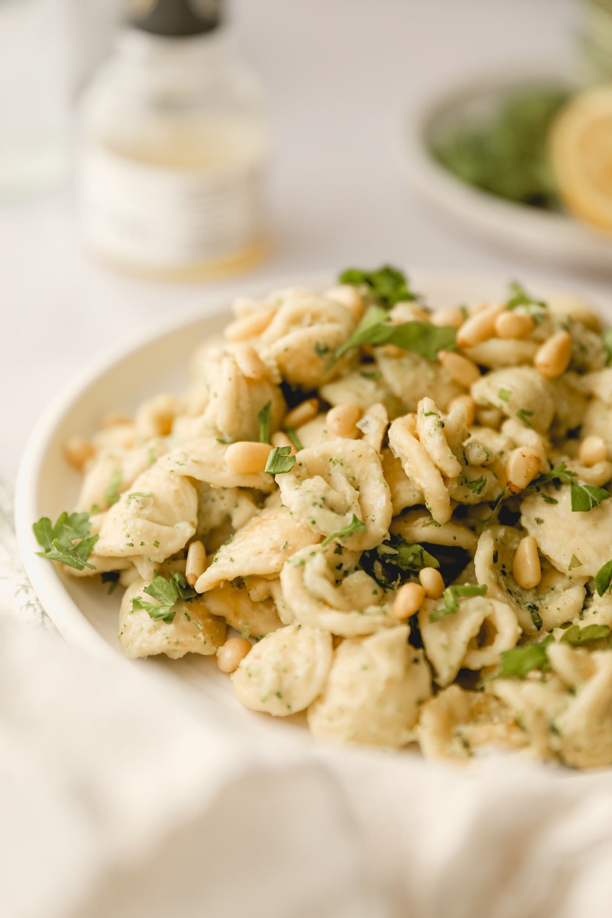 close up of broccoli pesto on pasta topped with pine nuts
