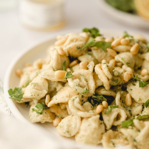 close up of broccoli pesto pasta