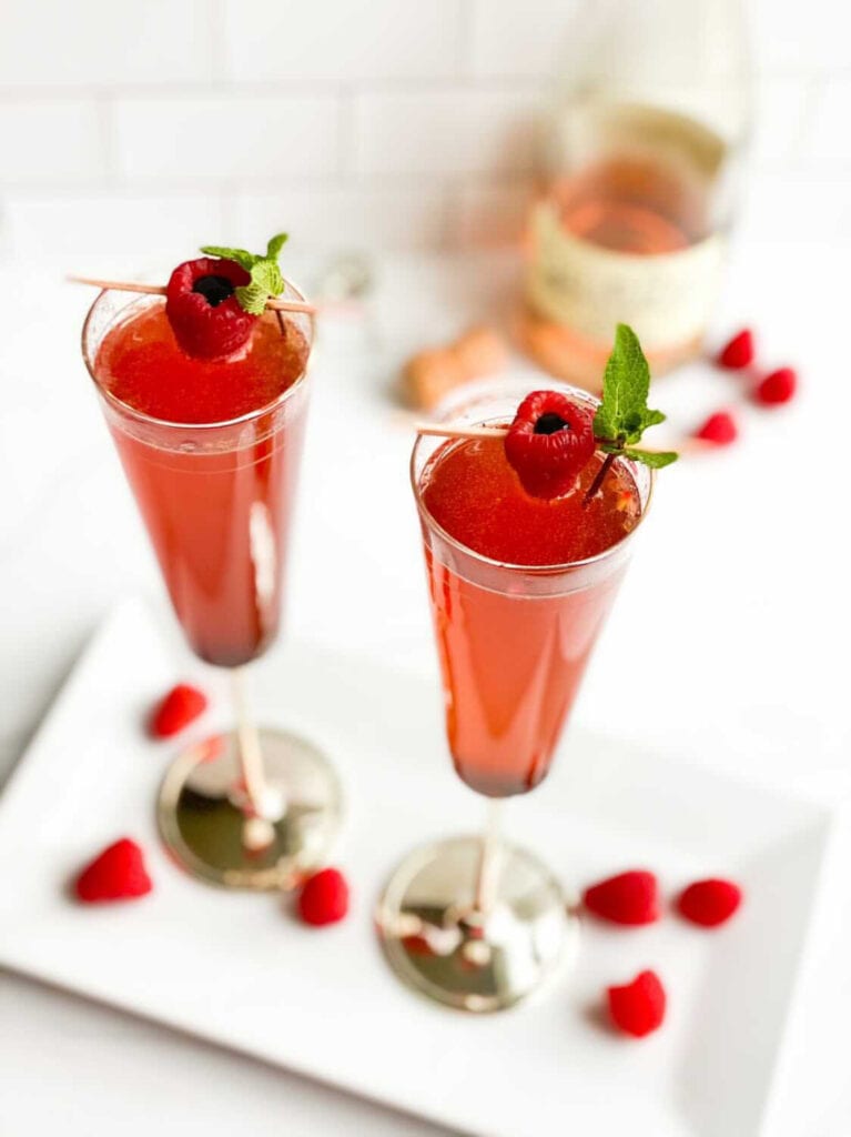 balsamic rose bubbly drink in champagne flutes