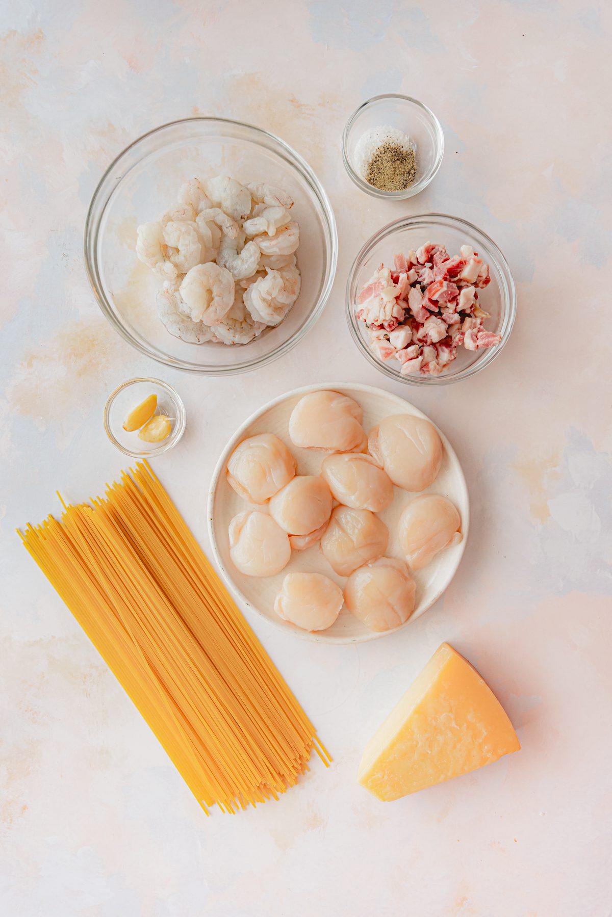 Shrimp and scallop pasta ingredients.