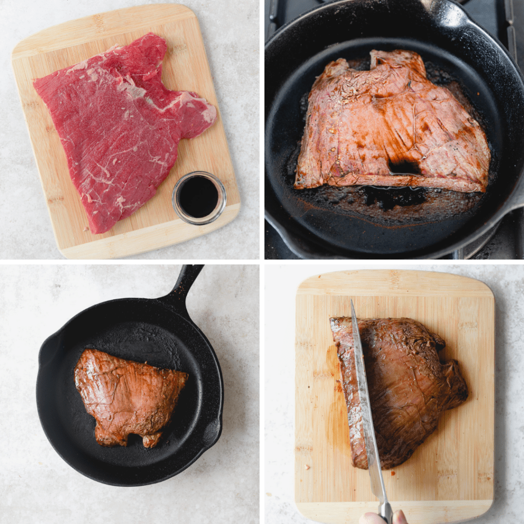 the steps of pan searing flank steak in a collage .