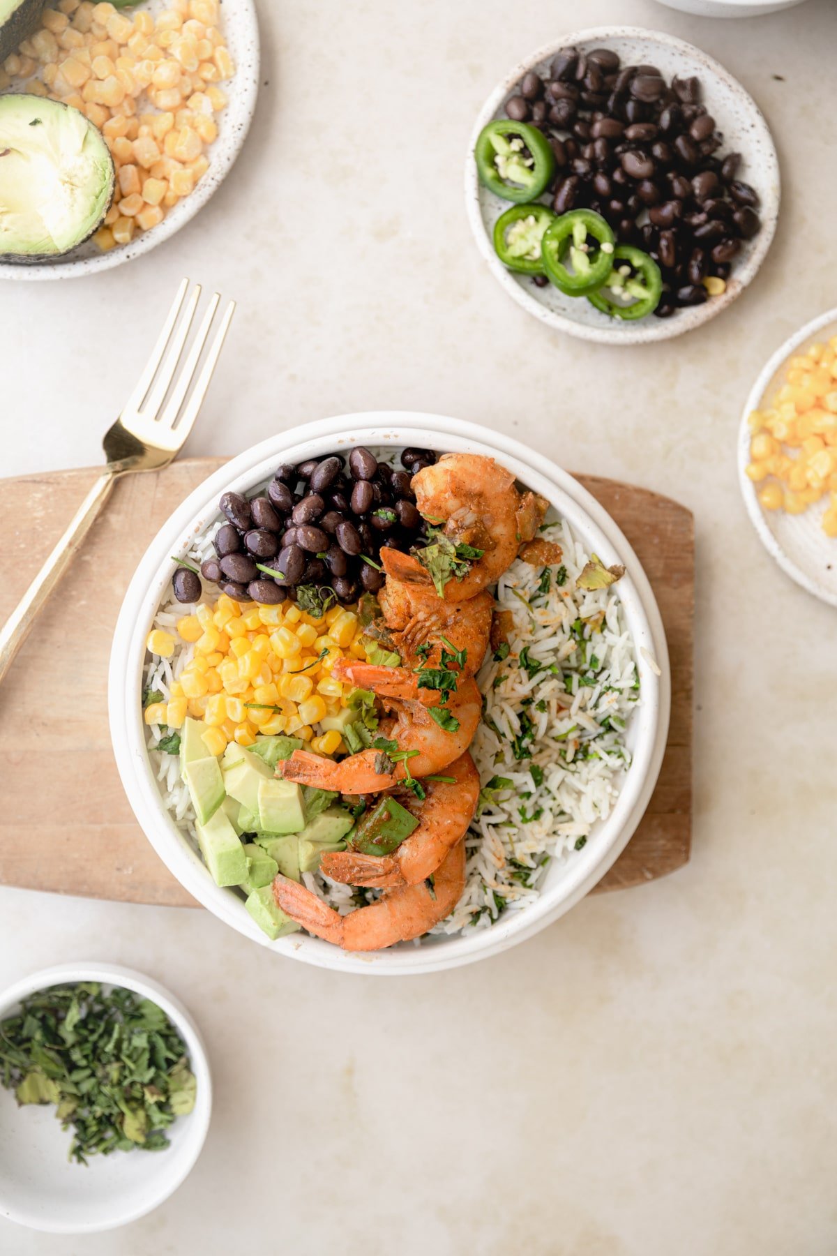 Loaded healthy burrito bowl with shrimp