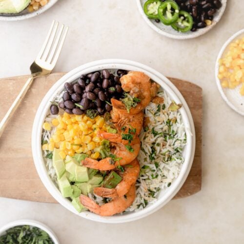 healthy burrito bowl with southwest shrimp