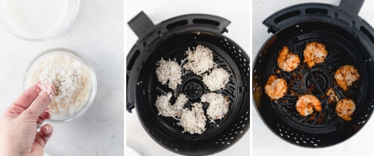 breading shrimp in coconut and air frying process shots
