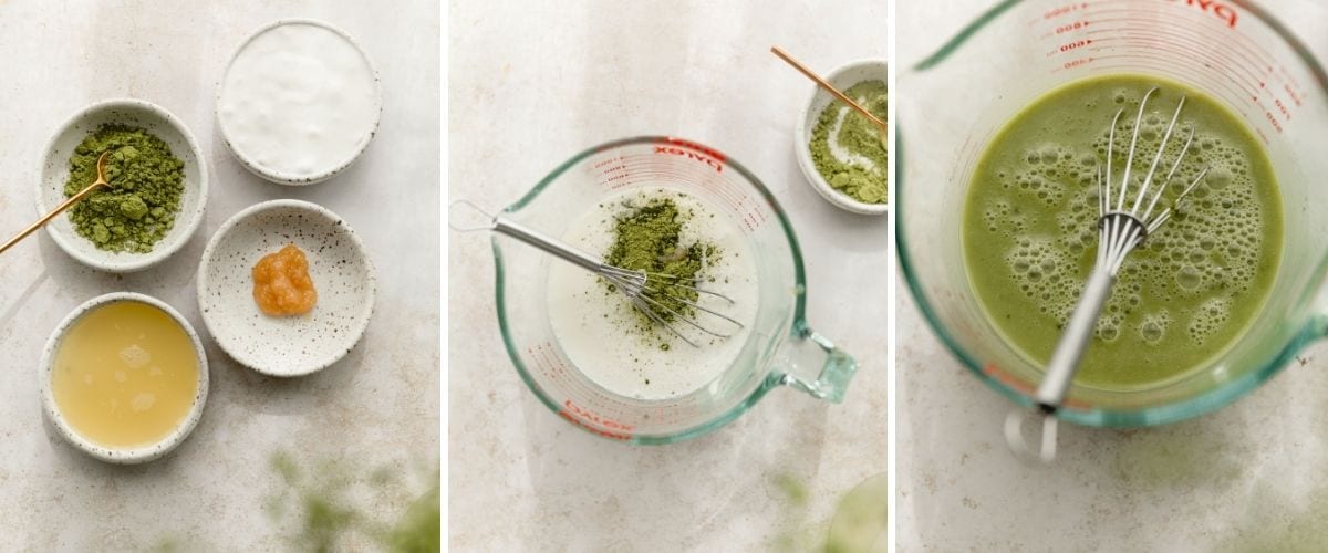 ingredients shot and whisking the matcha latte photos in a collage