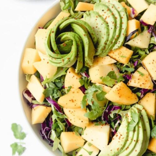 Close up photo of mango avocado salad garnished with cilantro