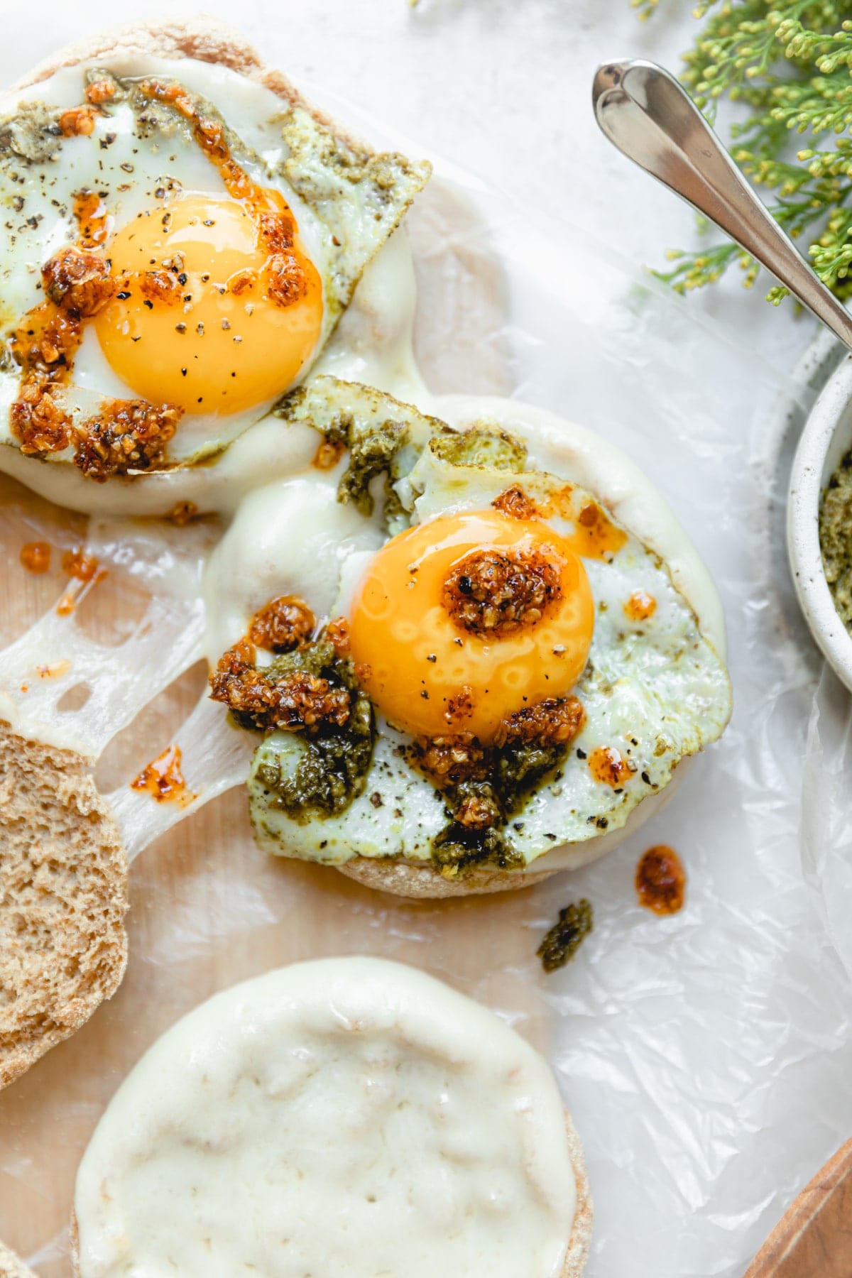 fried egg with pesto and chili oil