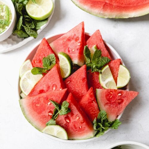 watermelon mojito salad in a white bowl