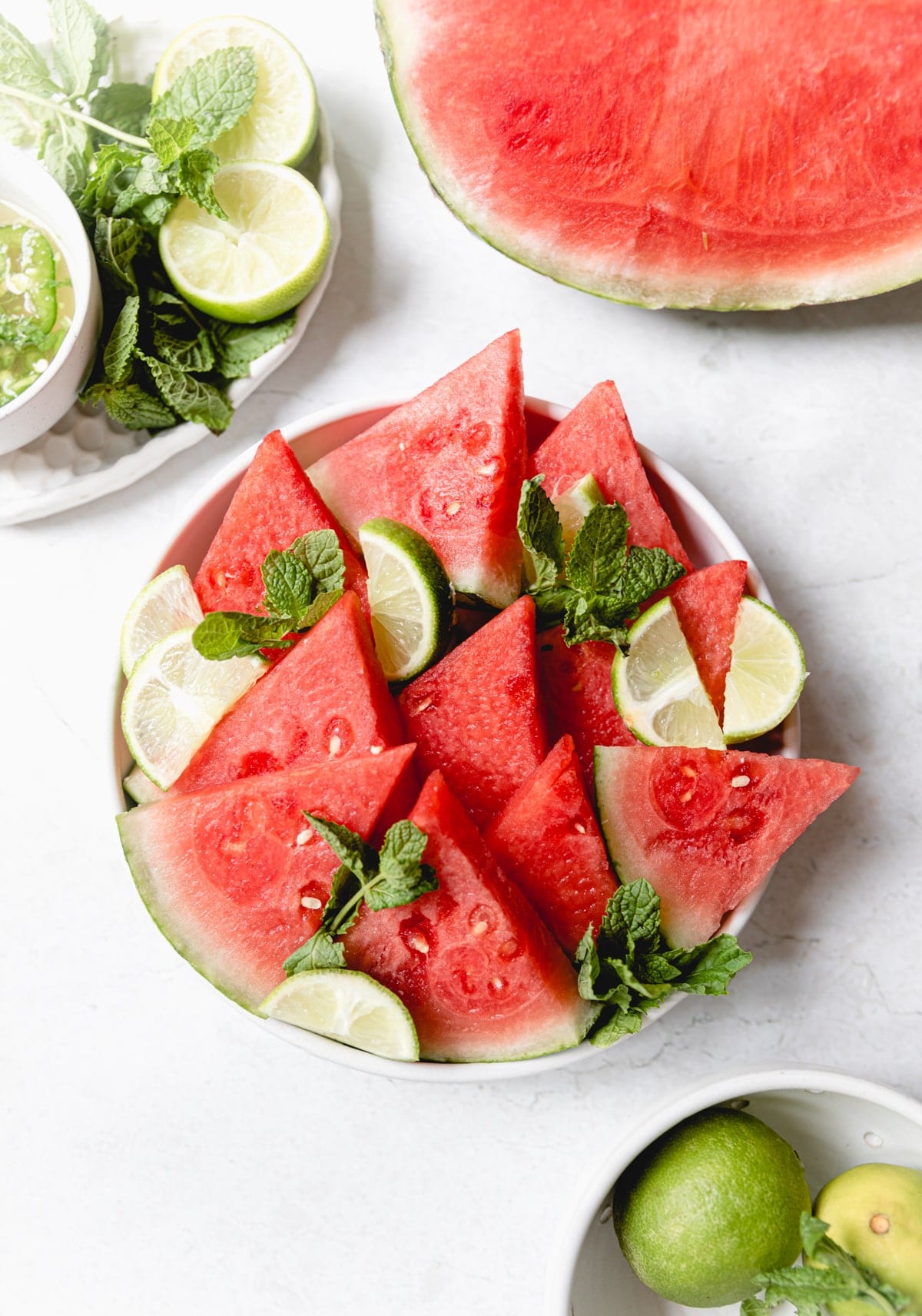 watermelon mojito salad in a white bowl