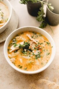 white bowl of chicken potato soup
