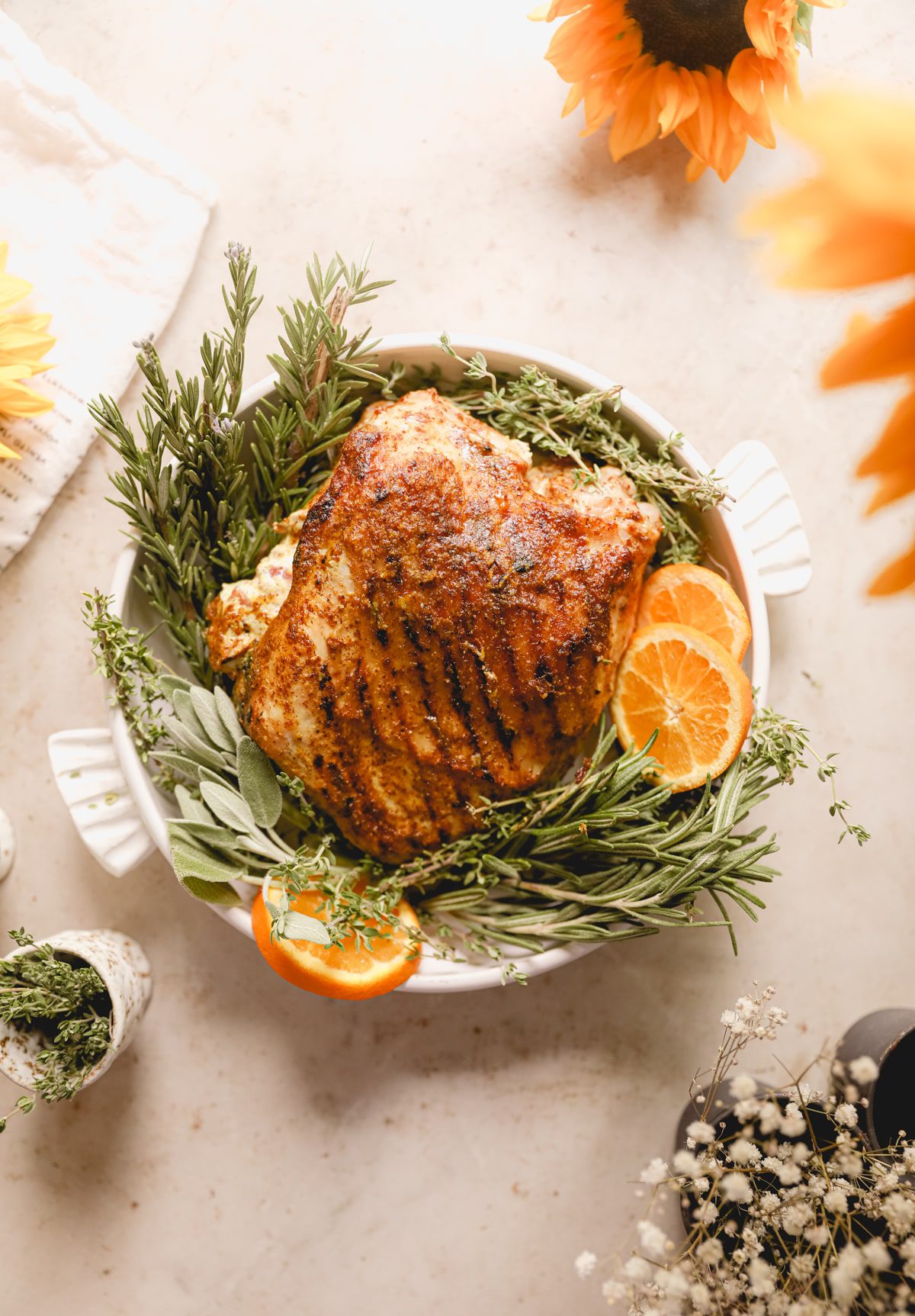 grilled rolled turkey in a bowl 