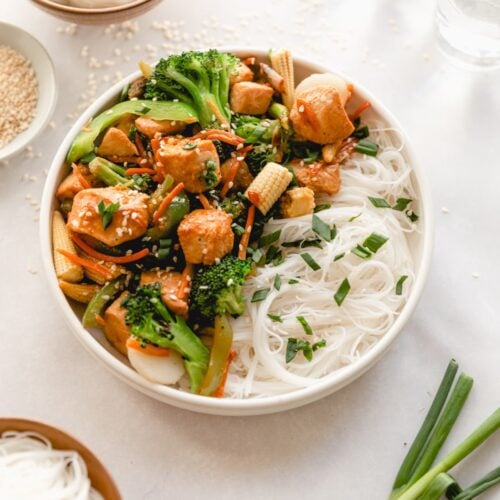 white bowl of stir fry marinated chicken and veggies