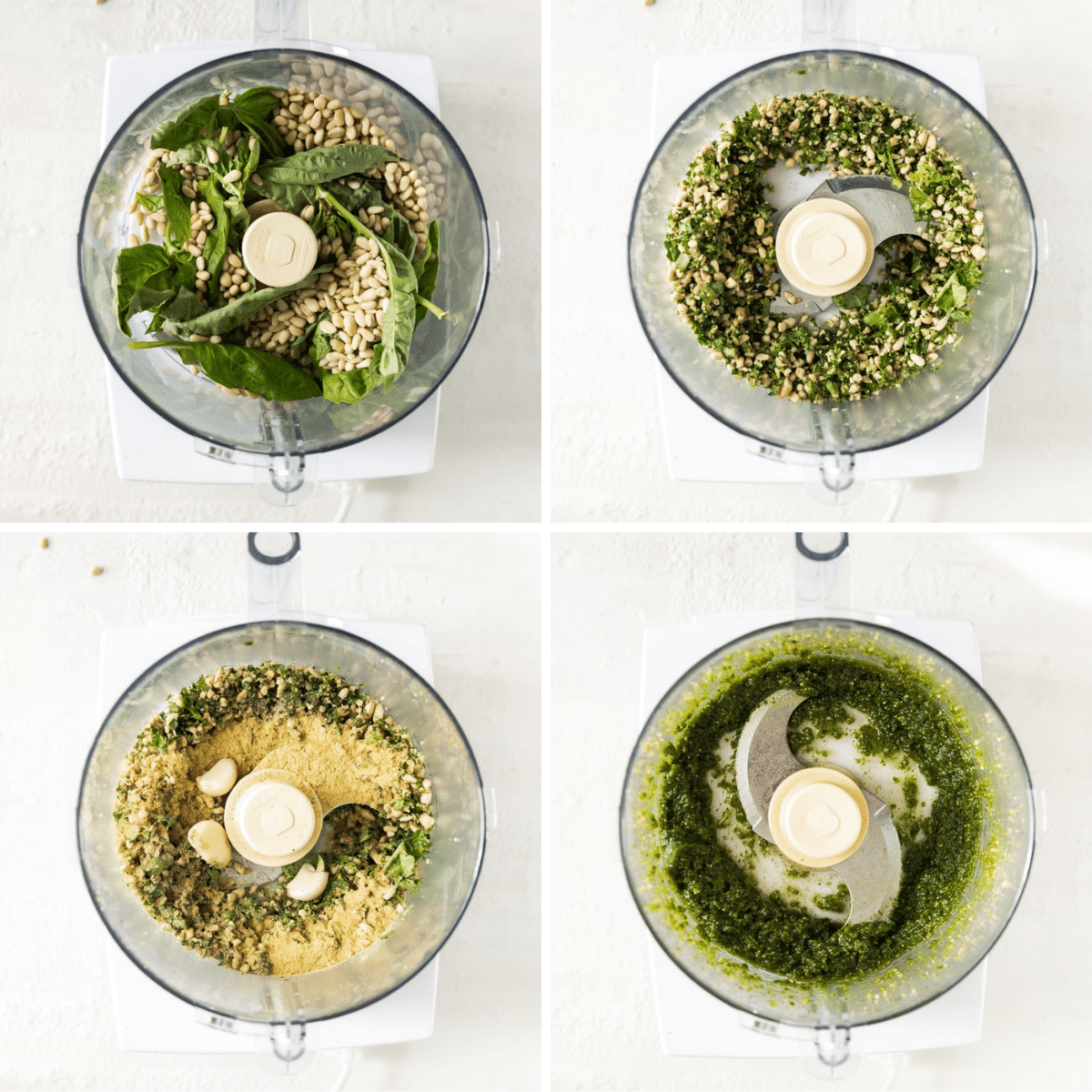 step by step collage blending dairy free pesto in a food processor
