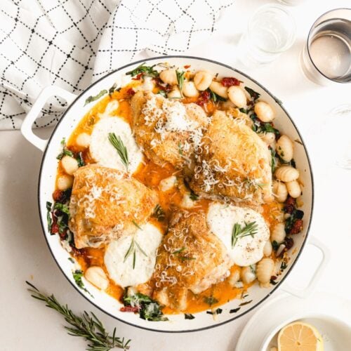 chicken gnocchi bake in a white skillet