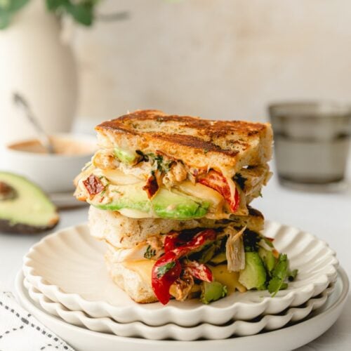 chicken avocado melt on white plates