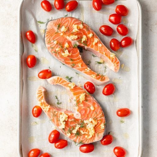 sheet tray of salmon steak