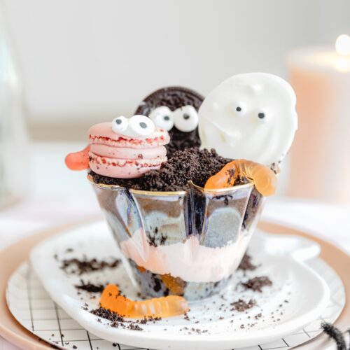 halloween layered dirt cake in a clear cup