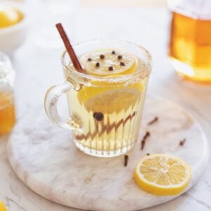 fireball hot toddy in a clear mug