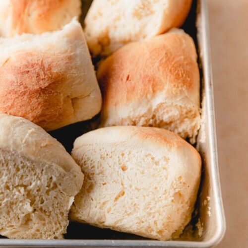 baking pan with yeast dinner rolls